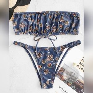 Zaful 2 Piece Bathing Suit Bikini Bandeau Cheeky Size 6 Navy Floral